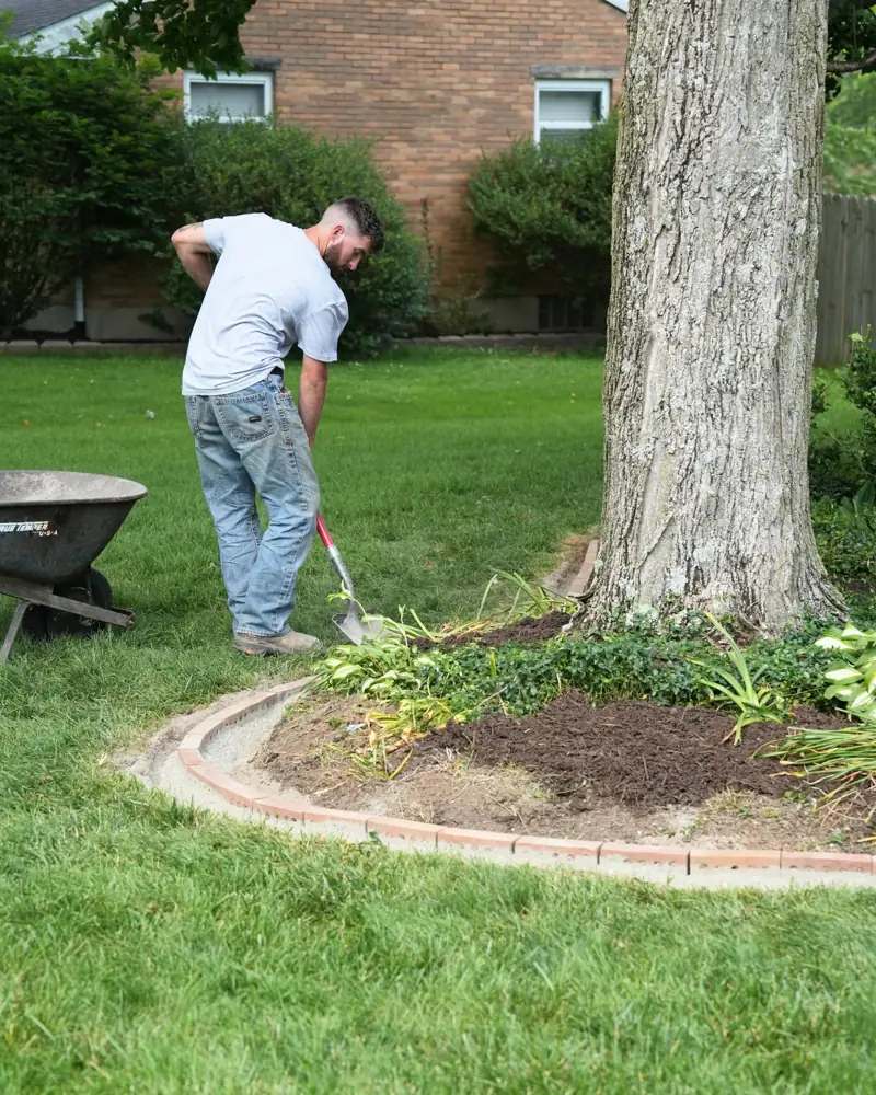 Mulch bed installation and brick edging around a tree in Dayton, OH
